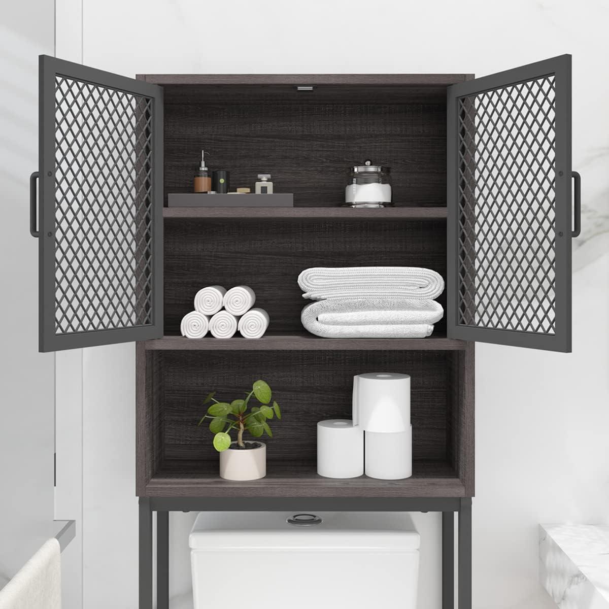 Dark Gray Oak Over-the-Toilet Storage Cabinet with Mesh Doors