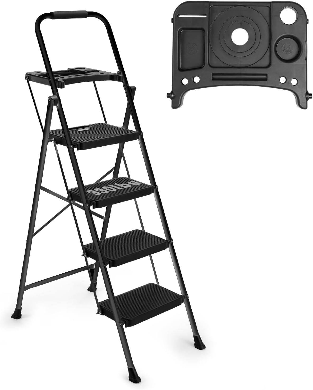 4-Step Ladder with Tool Platform, Wide Anti-Slip Platform & Thick Rubber Feet - Lightweight Heavy Duty Foldable & Portable - 330 lbs Capacity, Rubber Handgrip, Folding Step Stool - Black