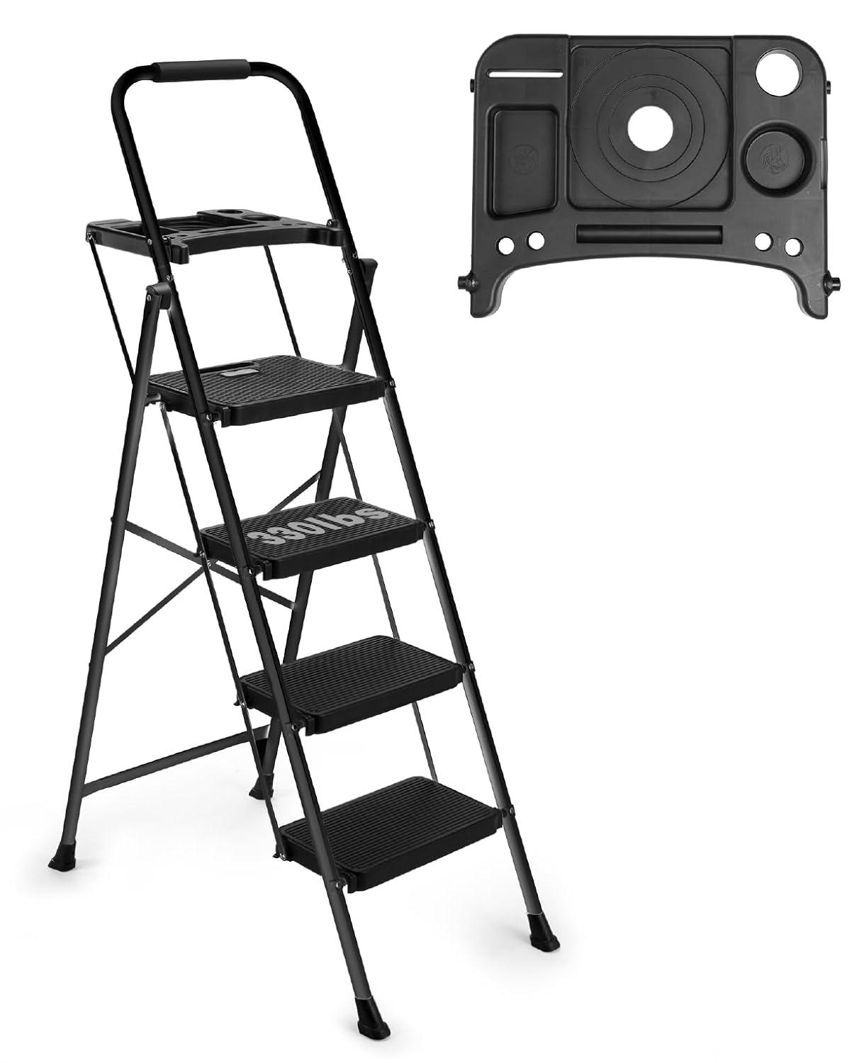 4-Step Ladder with Tool Platform, Wide Anti-Slip Platform & Thick Rubber Feet - Lightweight Heavy Duty Foldable & Portable - 330 lbs Capacity, Rubber Handgrip, Folding Step Stool - Black