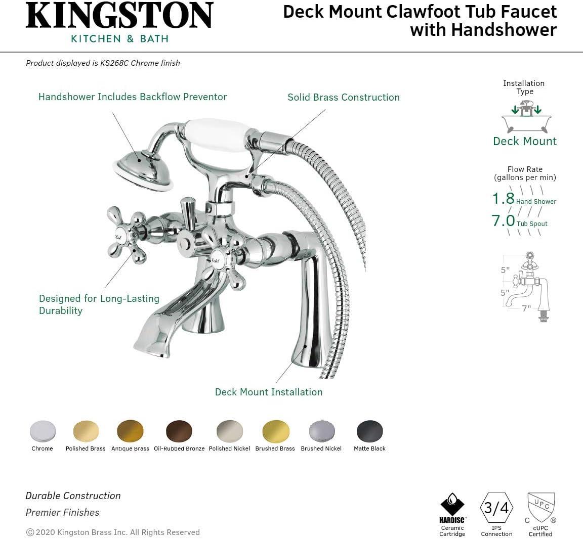 Kingston Brass Kingston Three-Handle 2-Hole Deck Mount Clawfoot Tub Faucet with Hand Shower