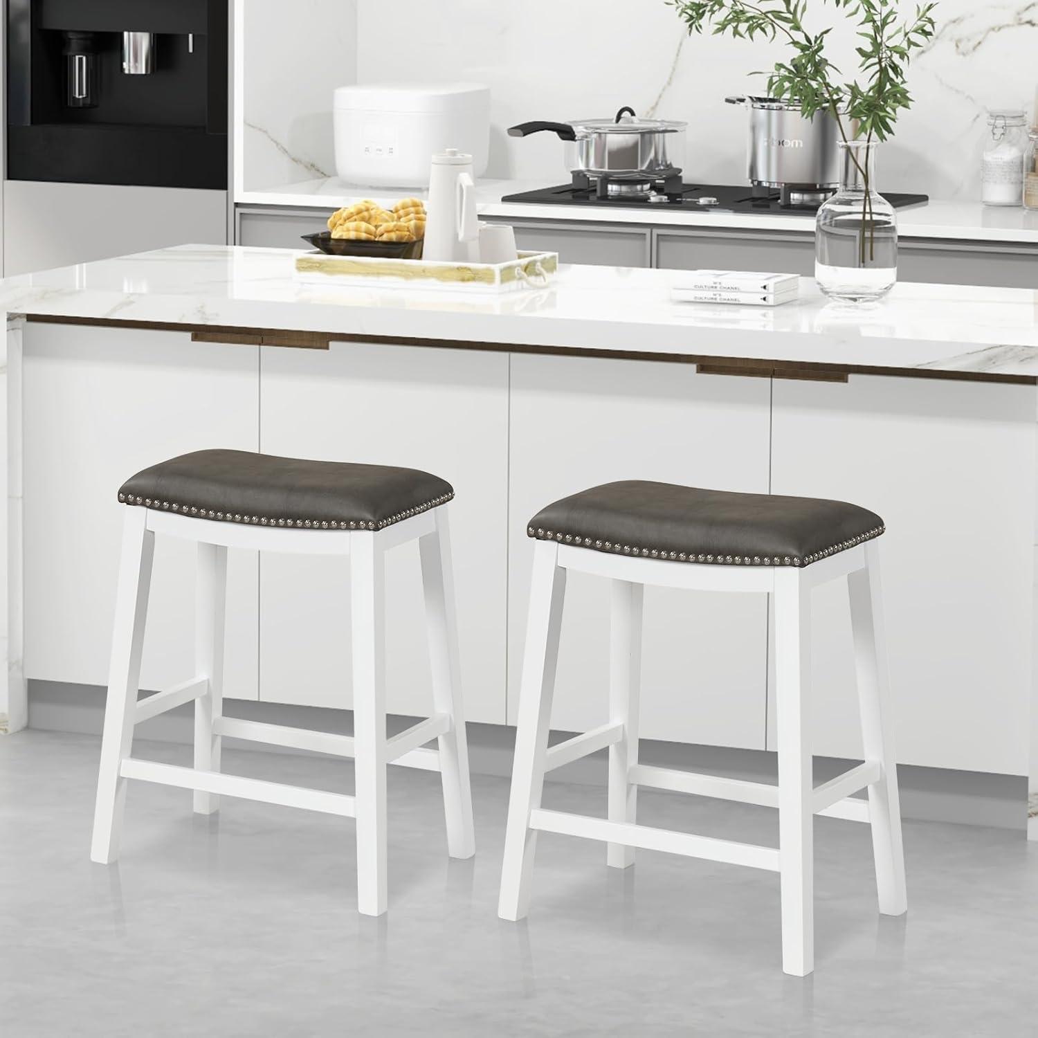 Costway 26-Inch Bar Stool Set of 2 Counter Height Saddle Stools with Upholstered Seat Gray