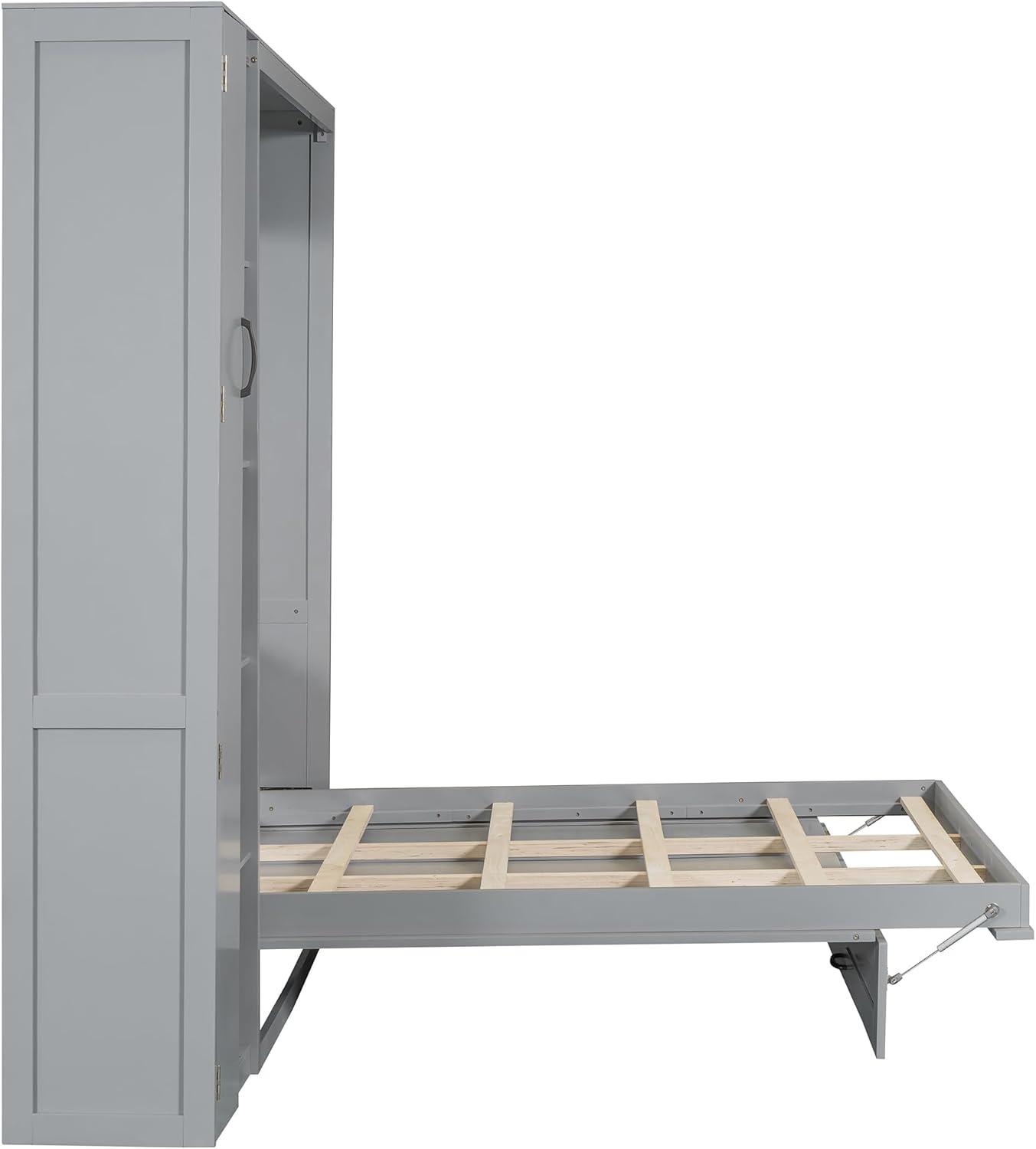 P PURLOVE Murphy Bed Full, Wood Wall Bed with Shelves, Wardrobe and LED Lights, No Box Spring Needed (Gray)