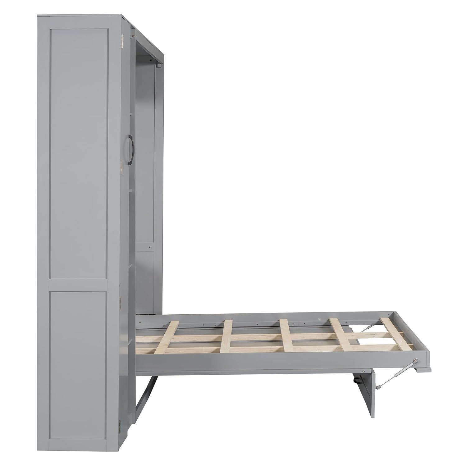 P PURLOVE Murphy Bed Full, Wood Wall Bed with Shelves, Wardrobe and LED Lights, No Box Spring Needed (Gray)