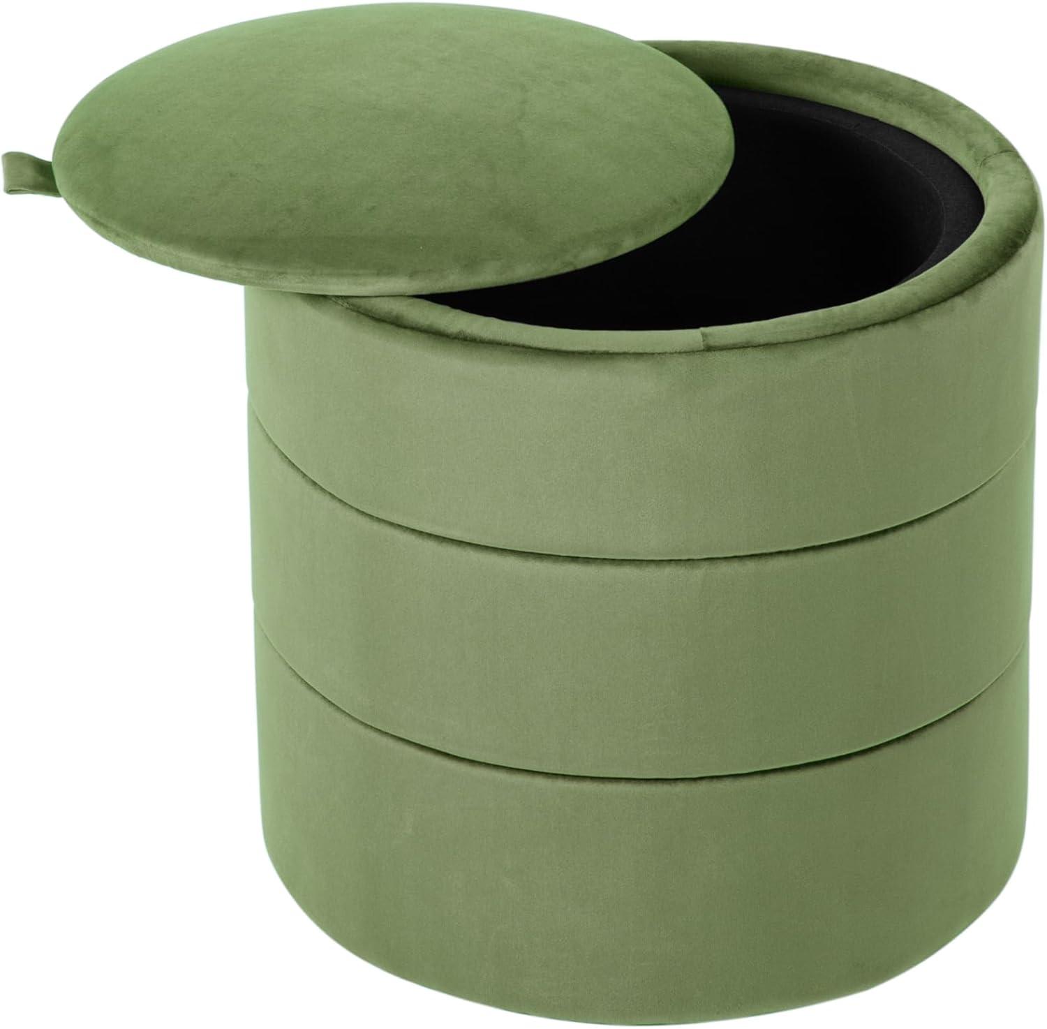 Storage Round Ottoman Green Velvet - HomePop: Upholstered Footstool, No Assembly, Polyester