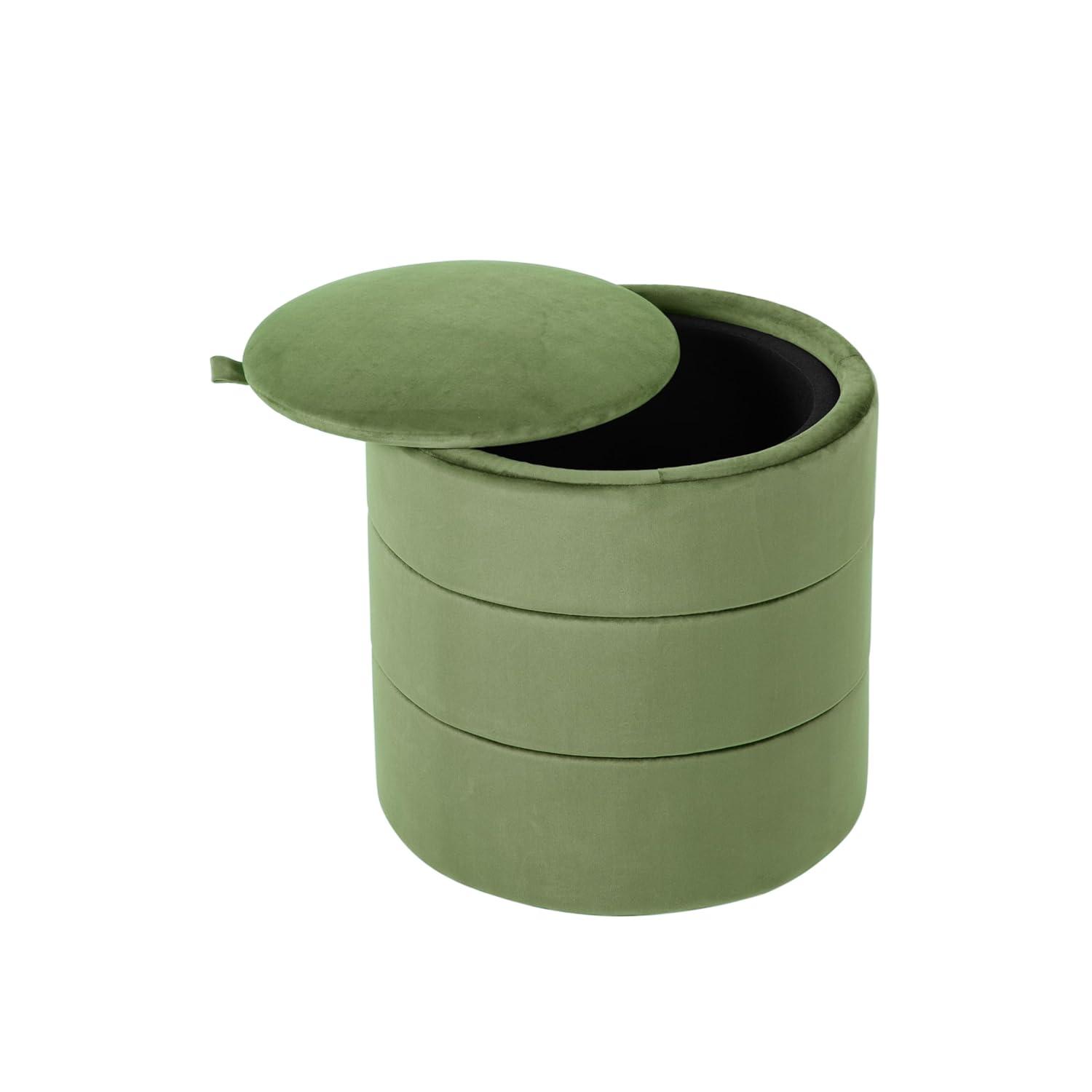 Storage Round Ottoman Green Velvet - HomePop: Upholstered Footstool, No Assembly, Polyester