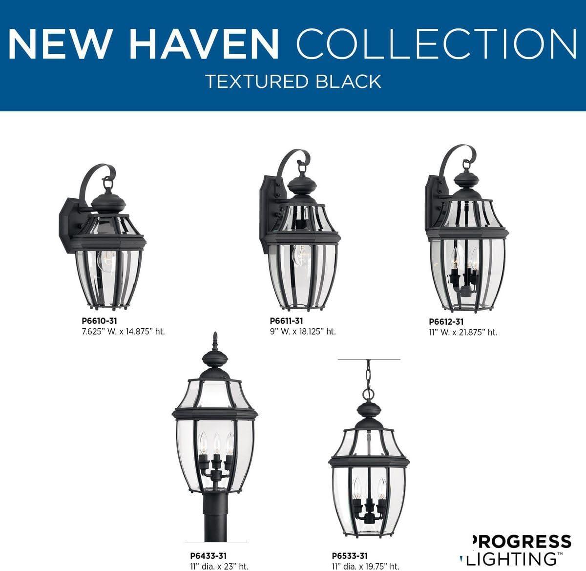 Progress Lighting New Haven 3-Light Outdoor Large Wall Lantern in Black with Clear Beveled Glass Shade