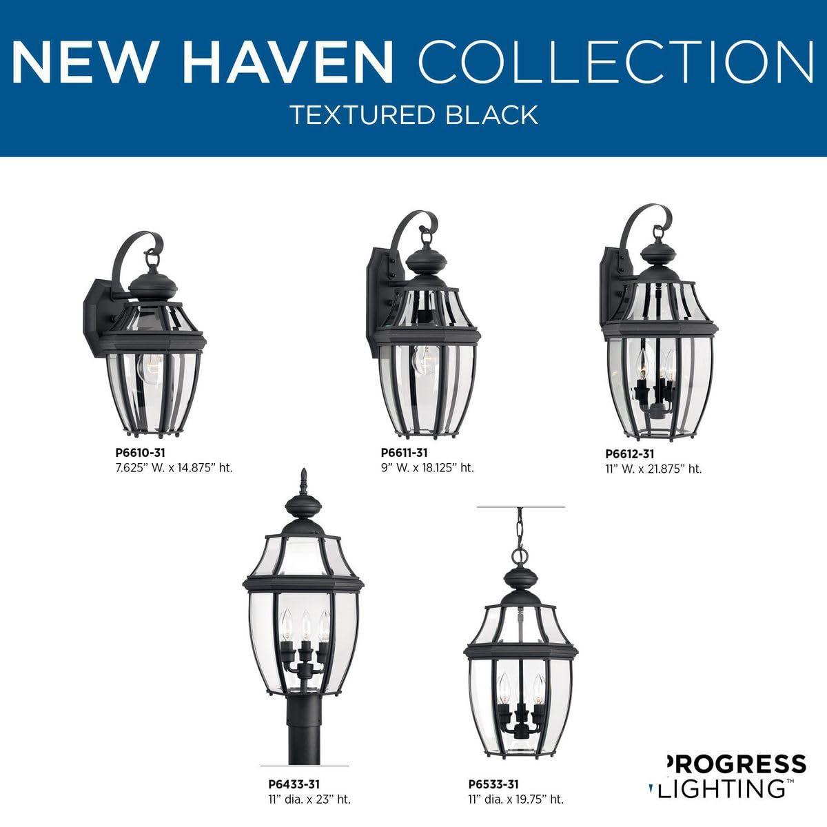 Progress Lighting New Haven 3-Light Outdoor Large Wall Lantern in Black with Clear Beveled Glass Shade