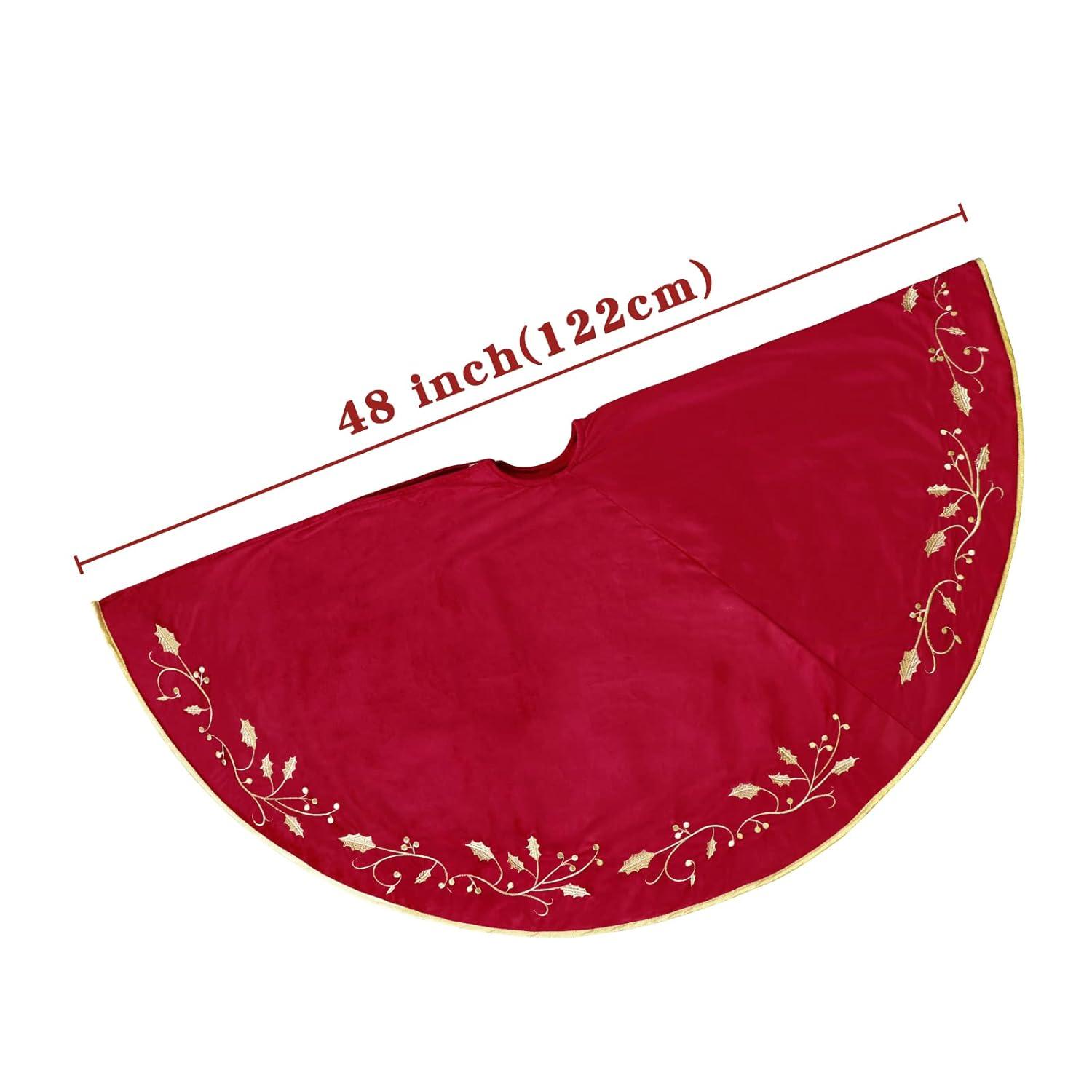 Christmas Tree Skirt, 48 inches Red Luxury Velvet Plush Fur Skirts with Gold Embroidered Holly Leaf for Rustic Xmas Tree Holiday Decorations