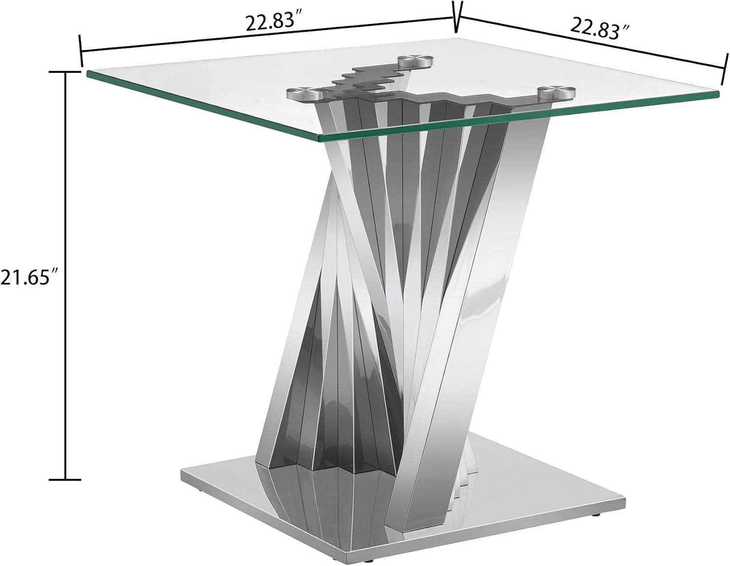 Ssline Silver Mirror Finish Stainless Steel Base End Table with Tempered Glass Top,Size 22.84*22.84*21.65