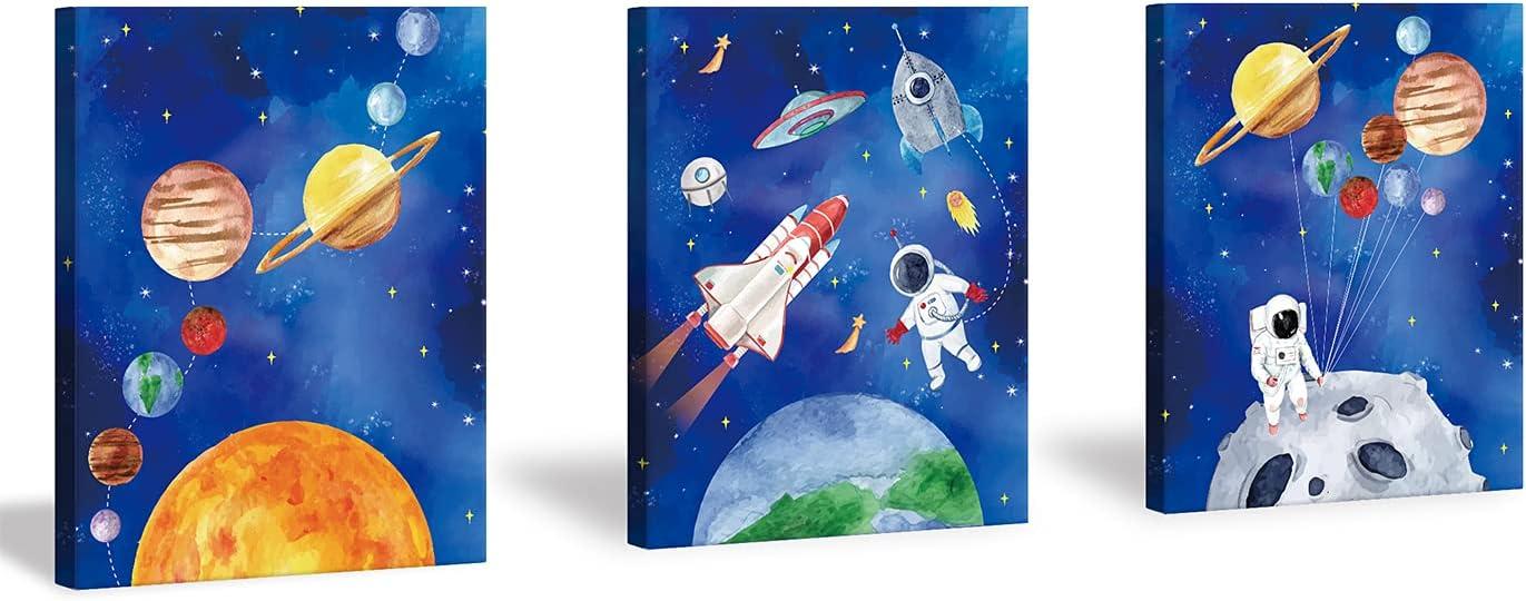 Framed Outer Space Art Prints Cartoon Watercolor Planet Wall Art Set of 3 Pieces (11.8x15.6inch), Universe Theme Canvas Painting, Spaceship, Astronaut For Kids Room Nursery Decor-Ready to Hang