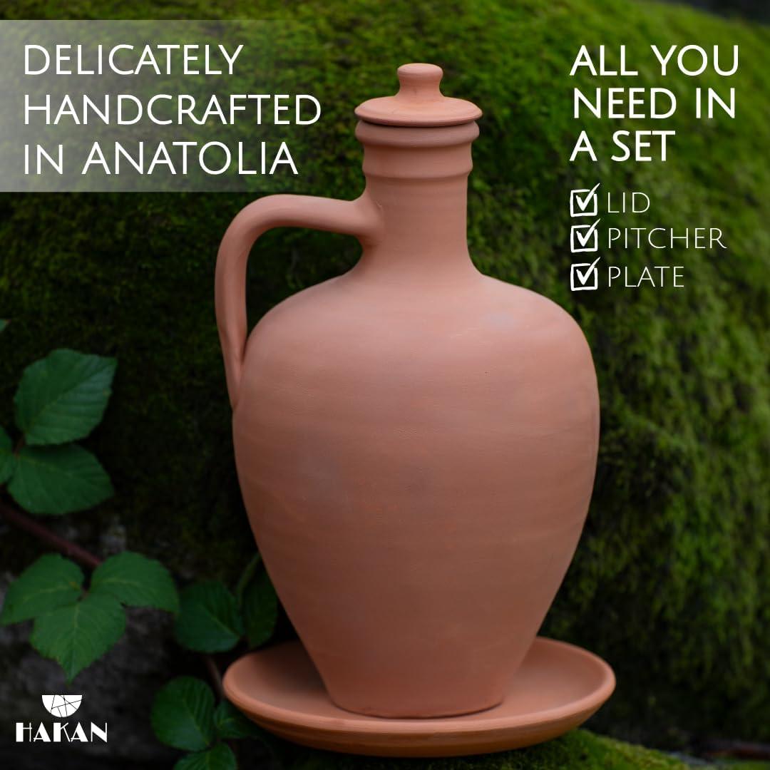 Natural Clay Water Pitcher, Unglazed Terracotta Carafe, Brown, 3.3 Qts.