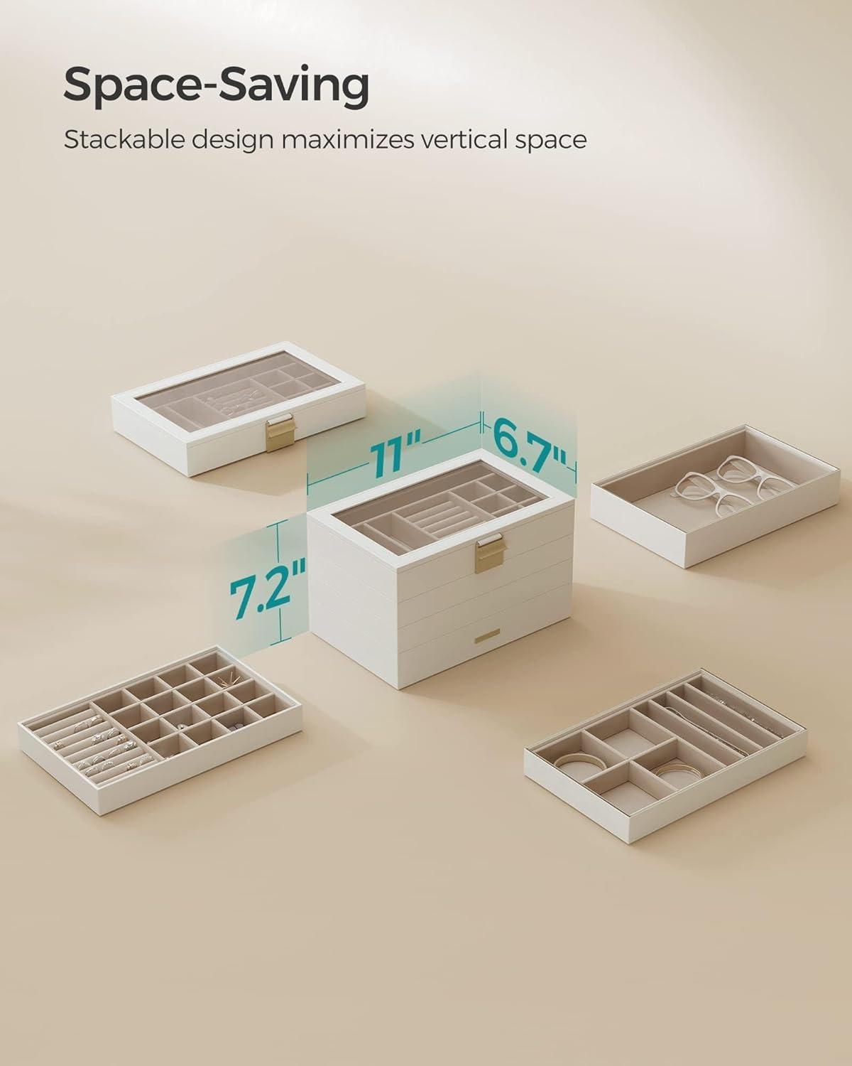 Latitude Run® Stackable Jewelry Trays, 4-Tier Jewelry Box, Drawer Jewelry Organizer, With Glass Lid, Removable Dividers, For Vanity Table, 6.7 X 11 X 7.2 Inches, Cloud White