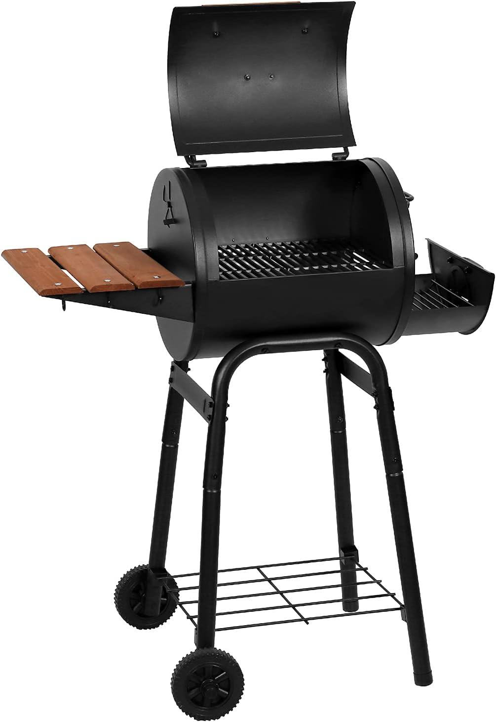 Black Barrel Charcoal Grill with Wood Shelf and Cast Iron Grates