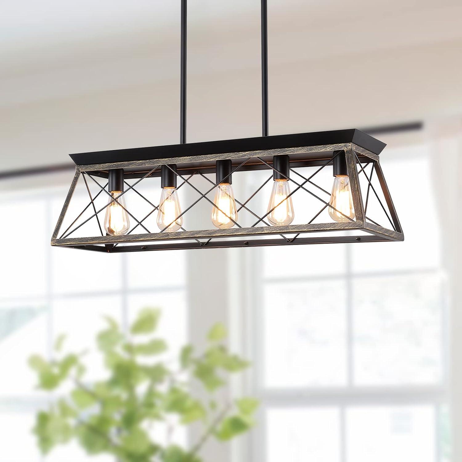 5-Light Farmhouse Chandeliers For Dining Room, Metal Rustic Pendant Island Light Fixture, Modern Rectangular Island Lights For Kitchen, Living Room Pure Black(No Bulbs)