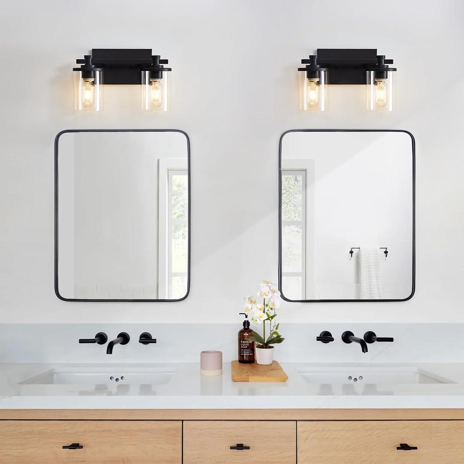 Matte Black 2-Light Dimmable Bathroom Vanity Light with Clear Glass Shades