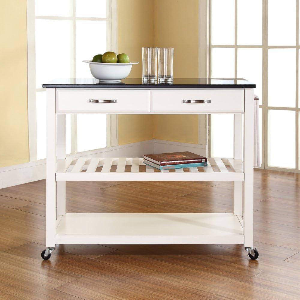 White Granite Top Kitchen Cart with Wine Rack and Storage