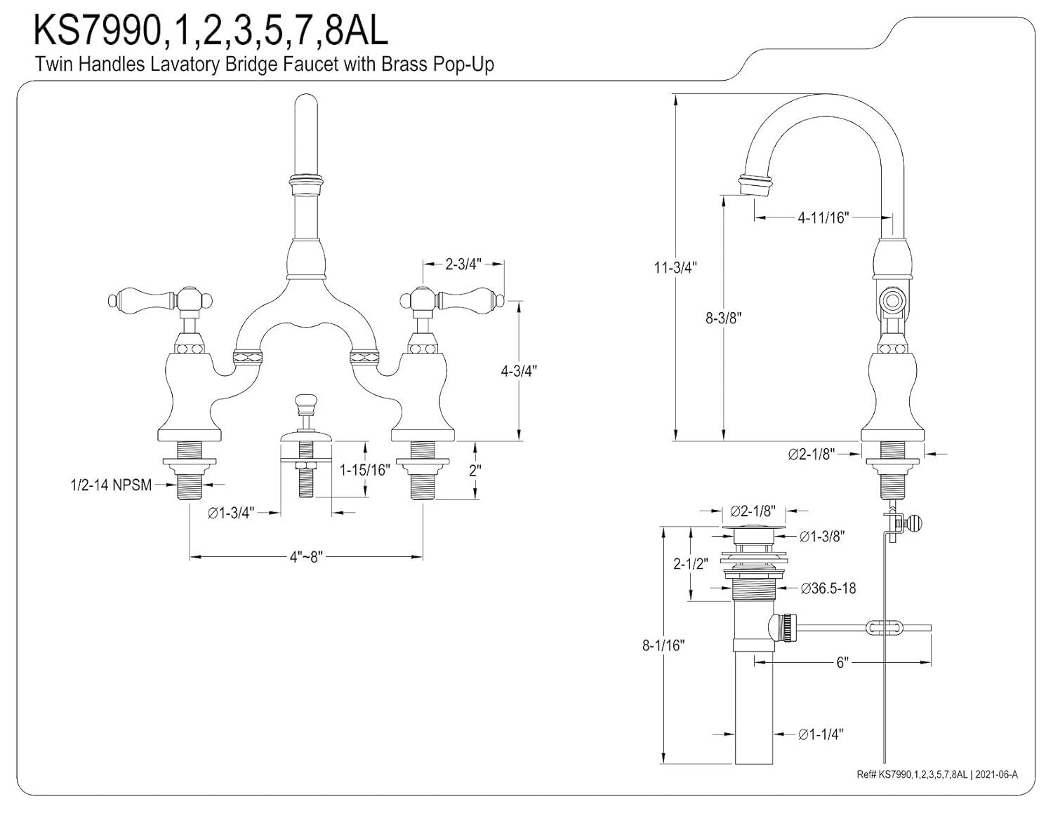 Kingston Brass English Country Two-Handle 3-Hole Deck Mount Bridge Bathroom Faucet with Brass Pop-Up