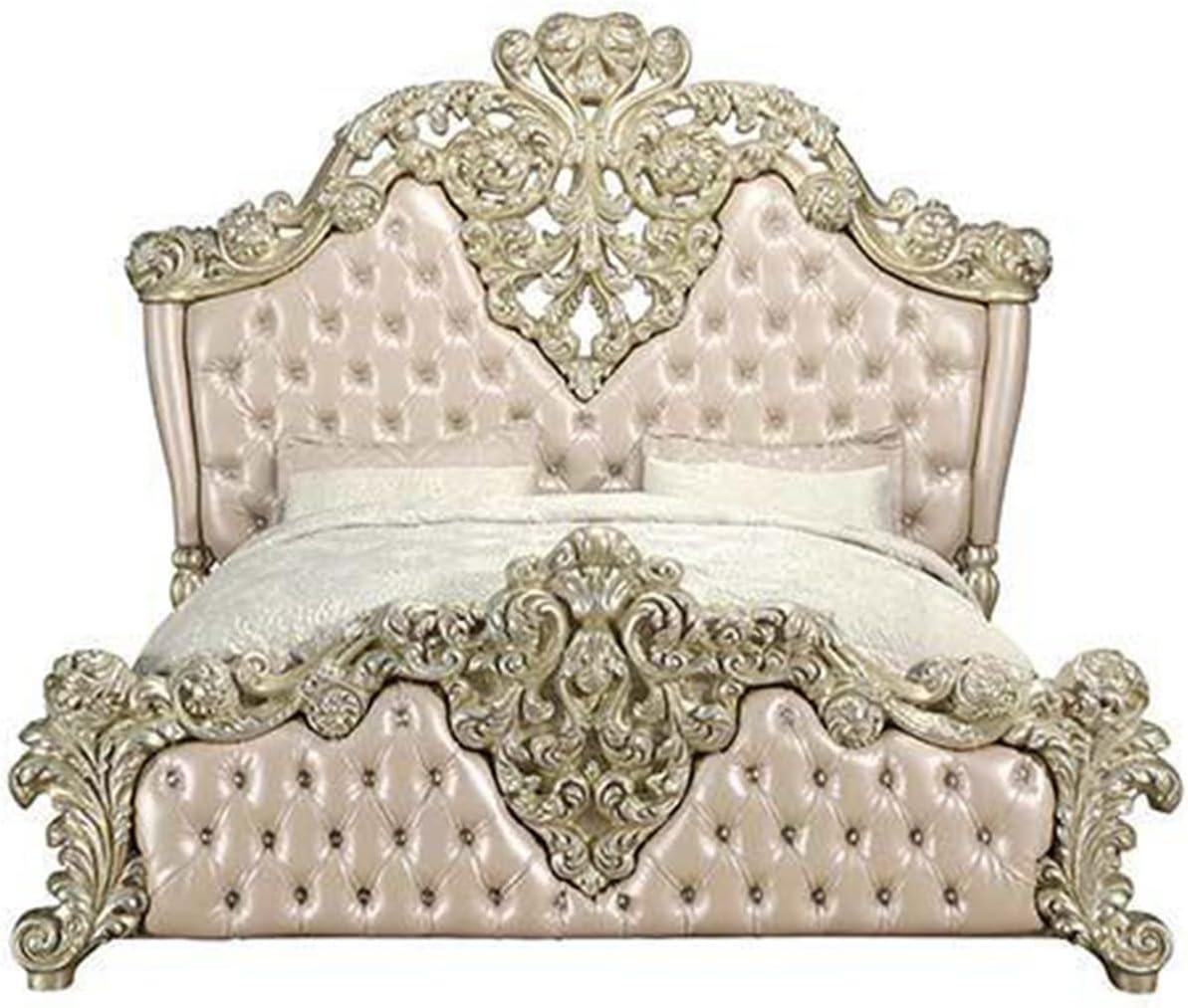 ACME Vatican Eastern King Bed, Synthetic Leather, Light Gold & Champagne Silver Finish