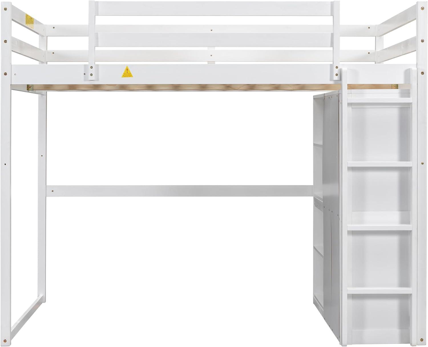 Harper & Bright Designs Full Size Loft Bed with Storage Shelves & Wardrobe, Wood Full Loft Bed Frame with LED Light for Kids Teens,Adults,Space Saving High Loft Bed,White