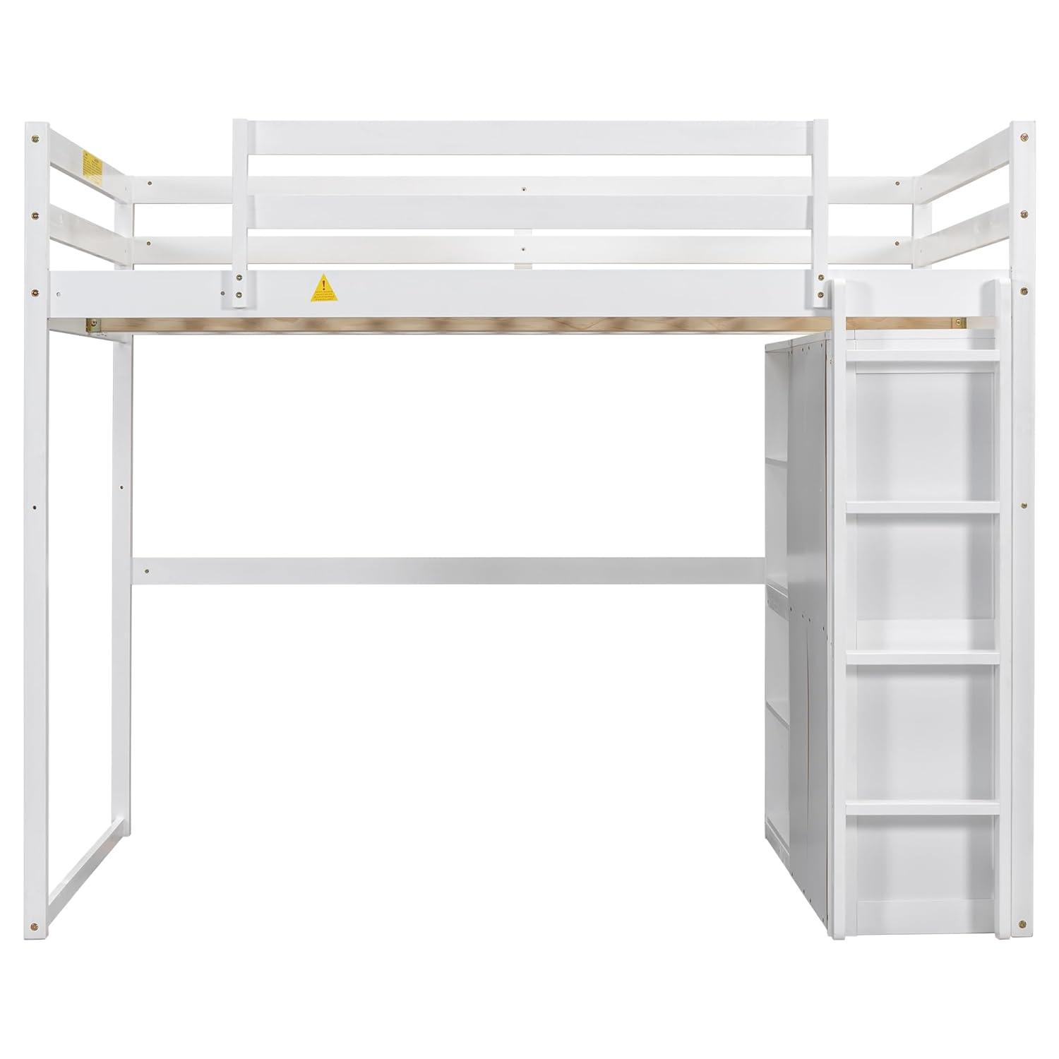 Harper & Bright Designs Full Size Loft Bed with Storage Shelves & Wardrobe, Wood Full Loft Bed Frame with LED Light for Kids Teens,Adults,Space Saving High Loft Bed,White