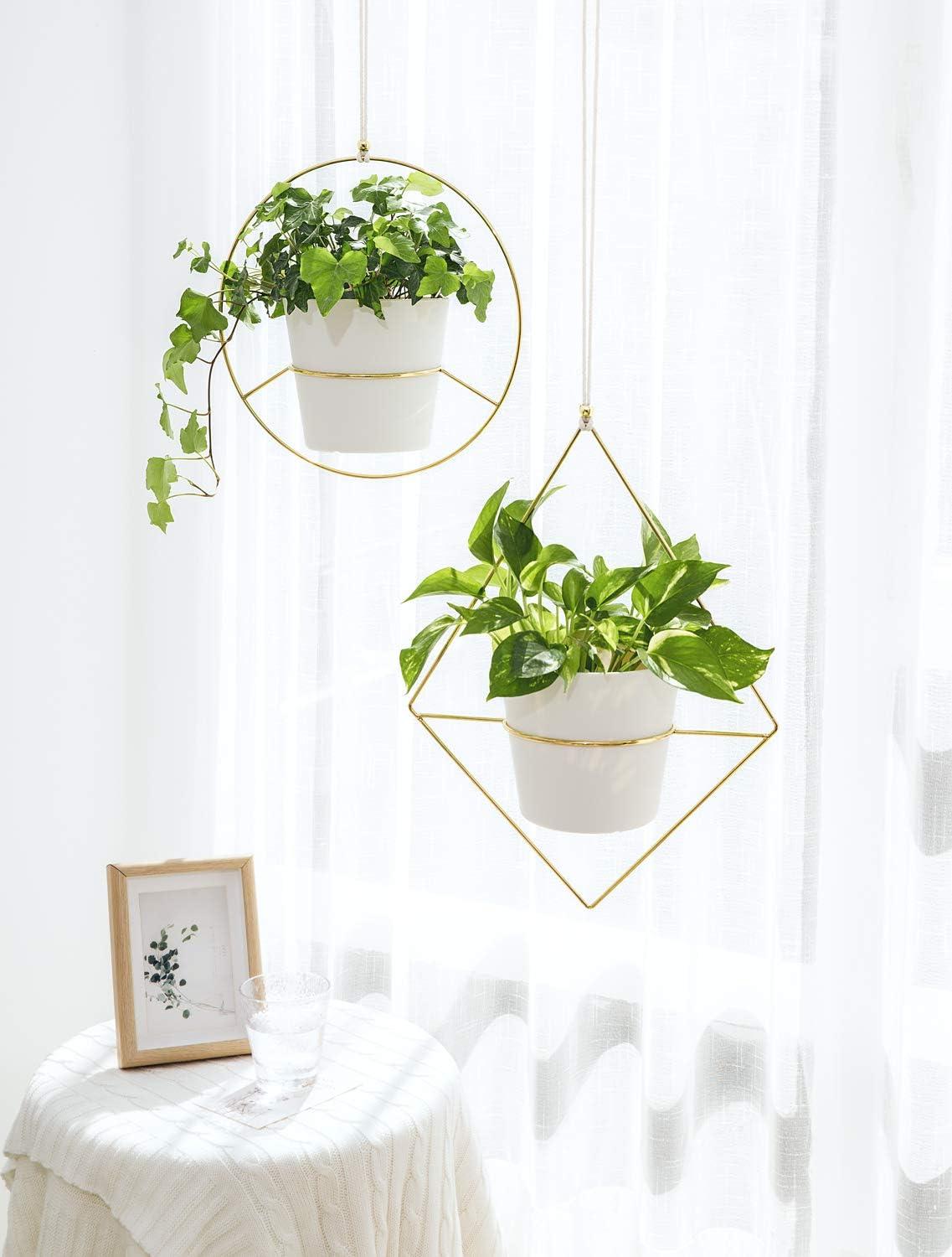 Gold Metal Hanging Planter Set with White Plastic Pots