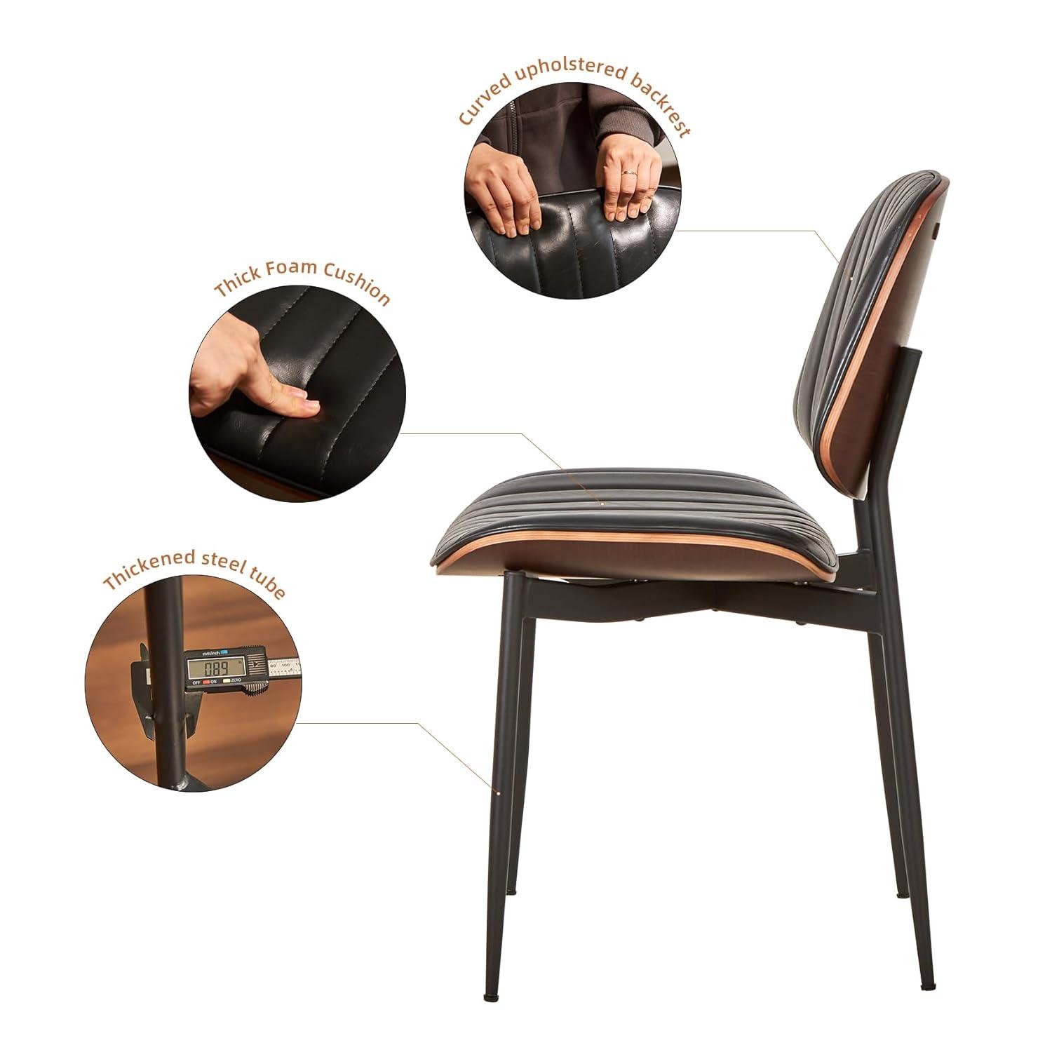 Dining Chairs Set of 2, Mid Century Modern Retro Faux Leather Chair with Walnut Bentwood Back, Upholstered Seat Metal Legs & Adjustable Foot for Kitchen Dining Room Chairs(Black PU)