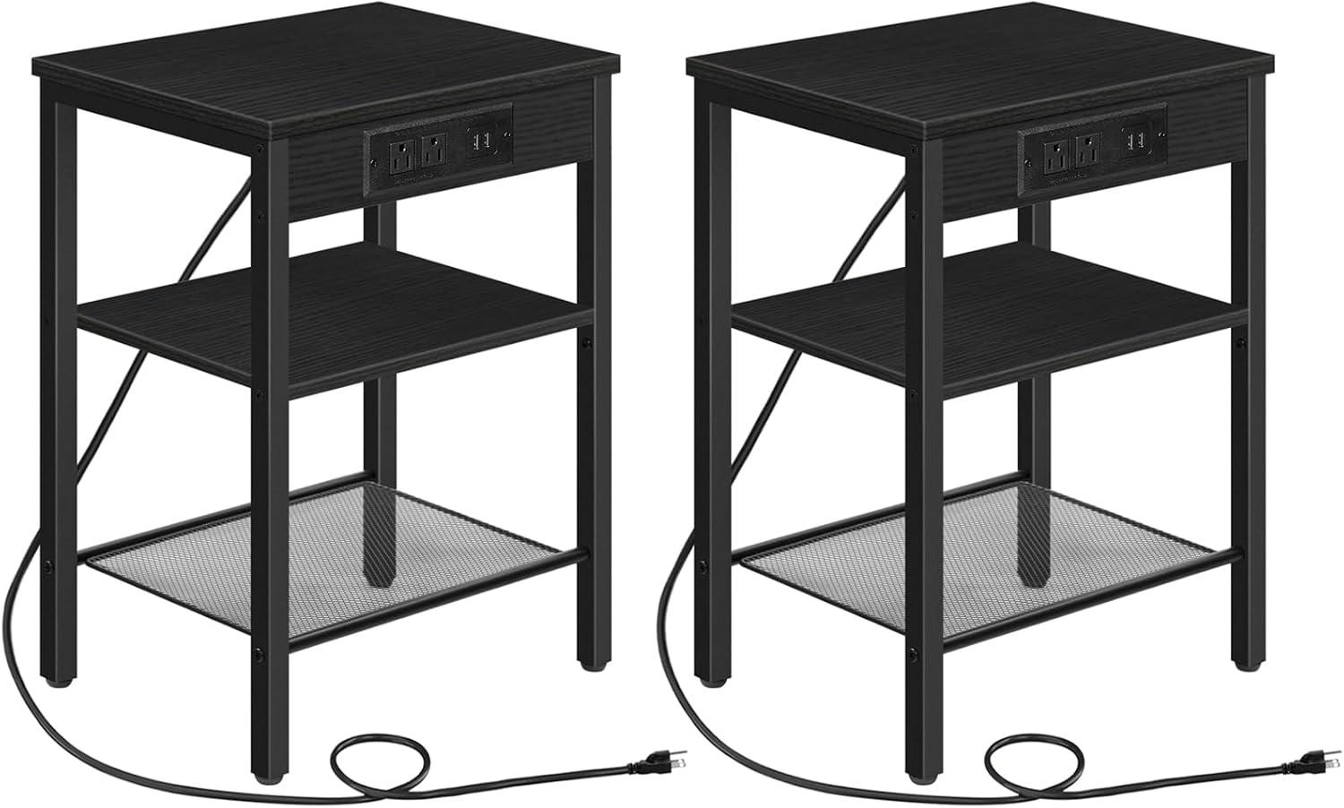 End Table Set of 2 with Charging Station and USB Ports, 3-Tier Nightstands with Adjustable Shelf, Small Side Tables for Small Space in Living Room, Bedroom and Balcony, Black BB112BZP201