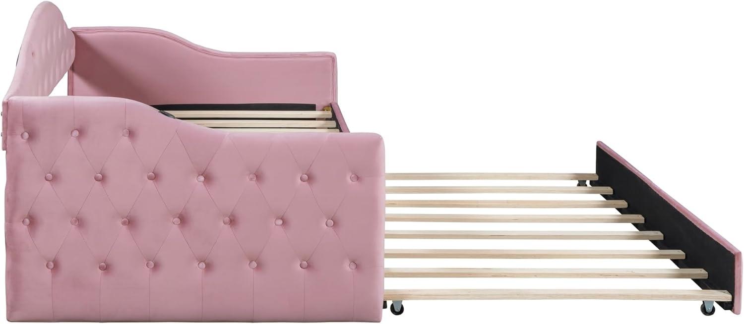 Twin Size Tufted Upholstered Daybed Bed Frame for Boys Girls Kids Adults Toddler with Trundle,Velvet Sofabed with USB&Type-C Charging Ports,No Box-Spring Needed, Pink
