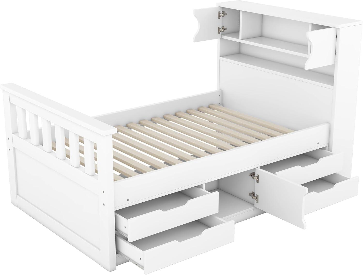 White Twin Wood Platform Bed with Bookcase Headboard and Storage Drawers