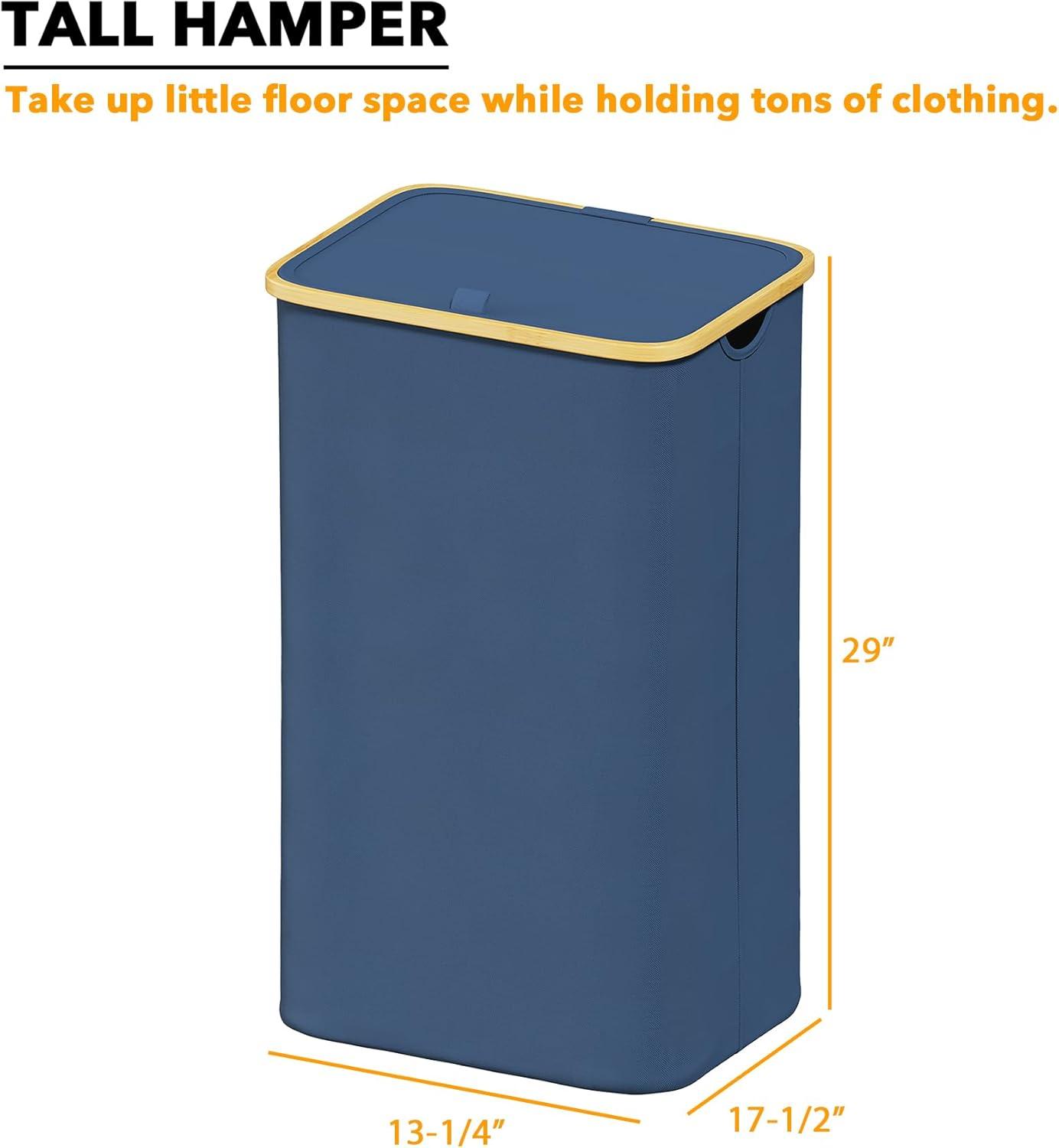 110 L Laundry Hamper with Lid,features Bamboo Handle,Blue