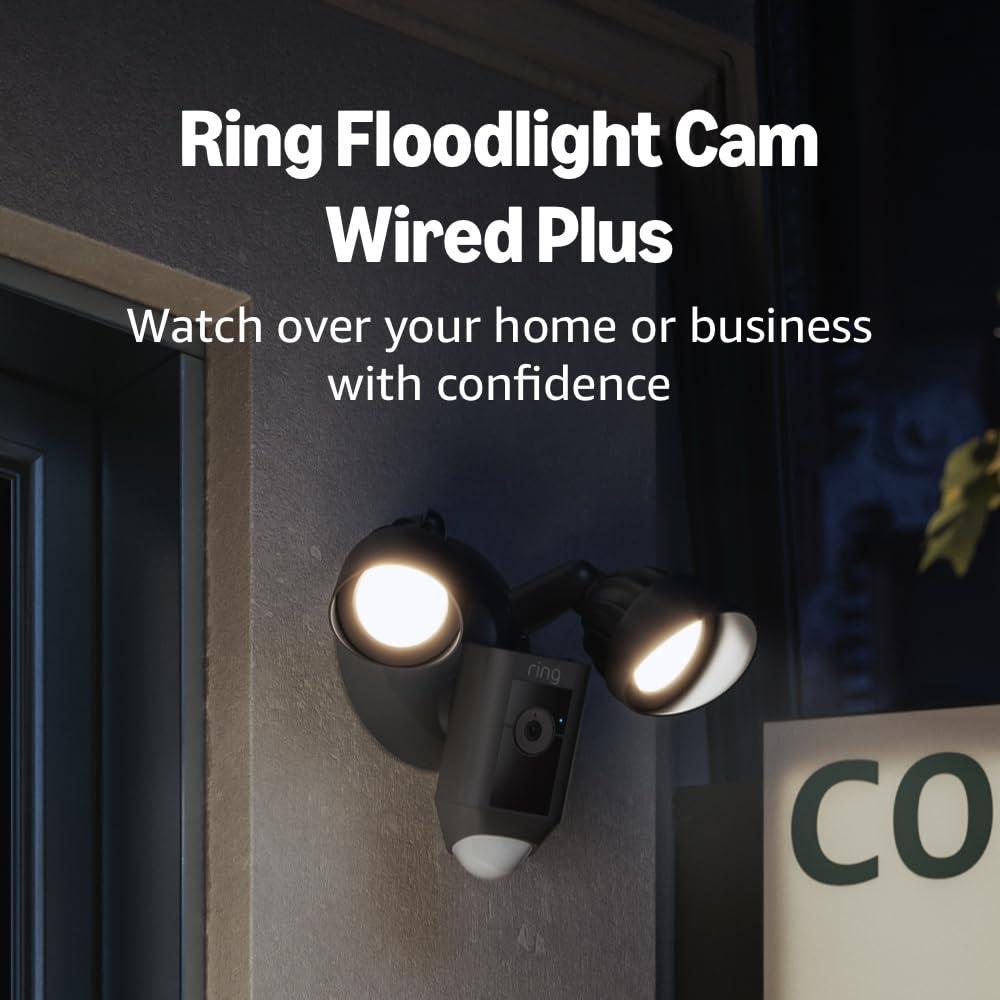 Ring Floodlight Cam Wired Plus Security Camera - Black: Wi-Fi, Motion Detection