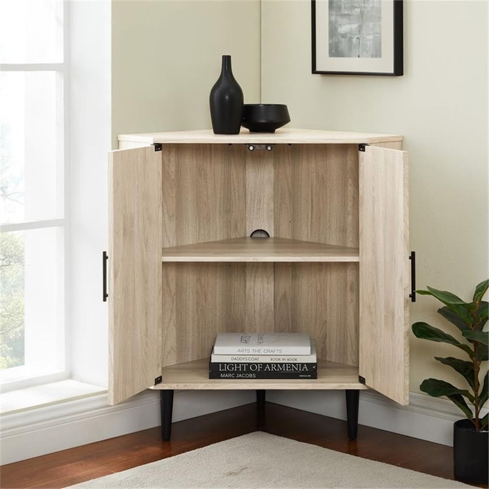 Contemporary Birch and Walnut Corner Accent Cabinet with Adjustable Shelving