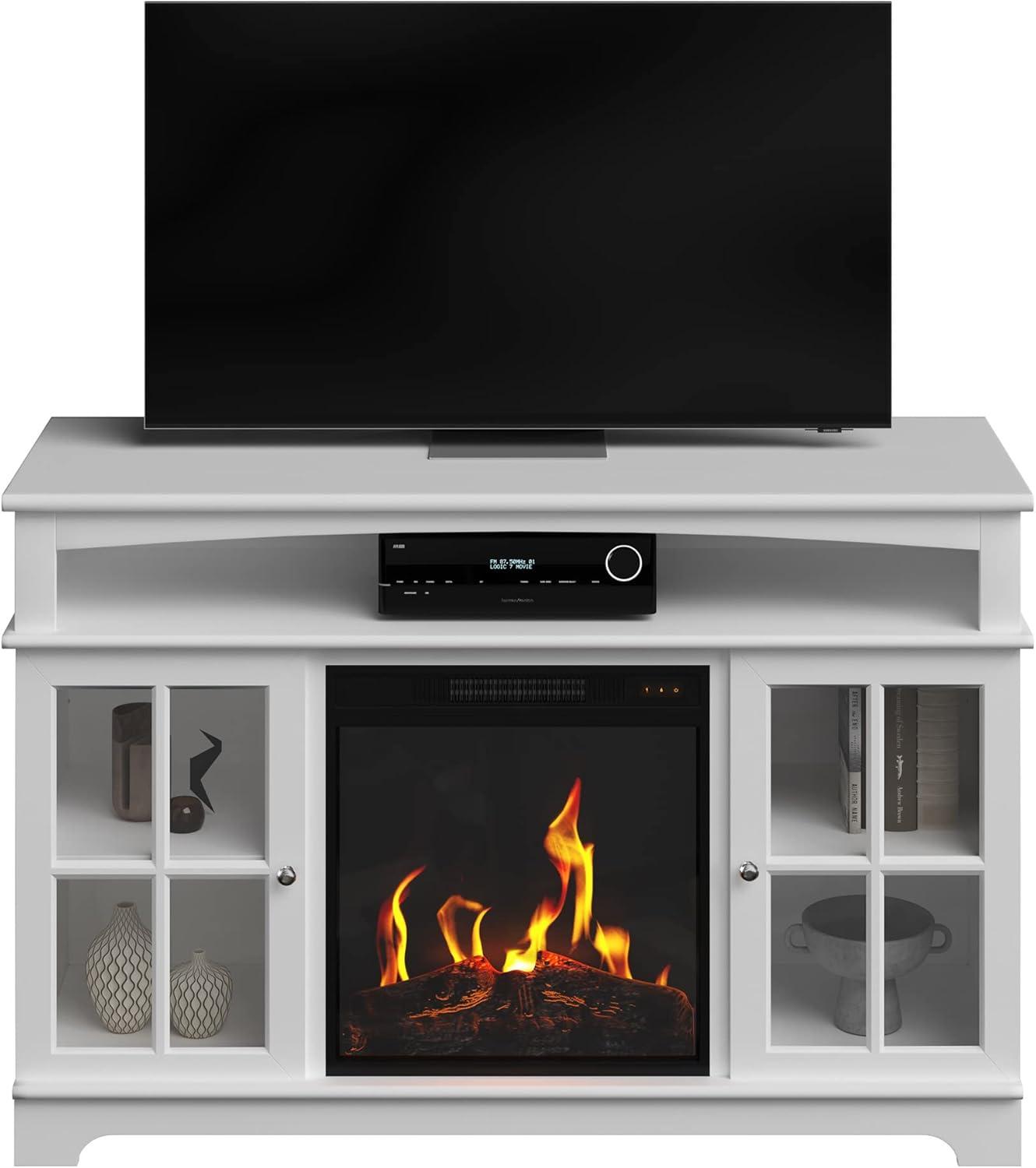 TV Stand with Electric Fireplace Fits TVs up to 50-Inches - Media Console with Storage Cabinet, Adjustable Heat, and LED Flames by Northwest (White)