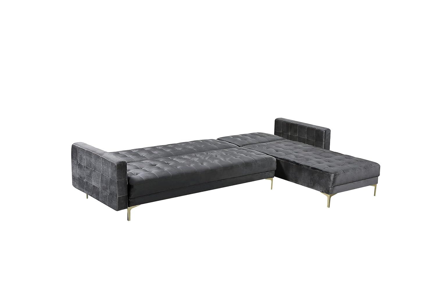Luxurious Gray Velvet Tufted Sectional with Gold Metal Legs