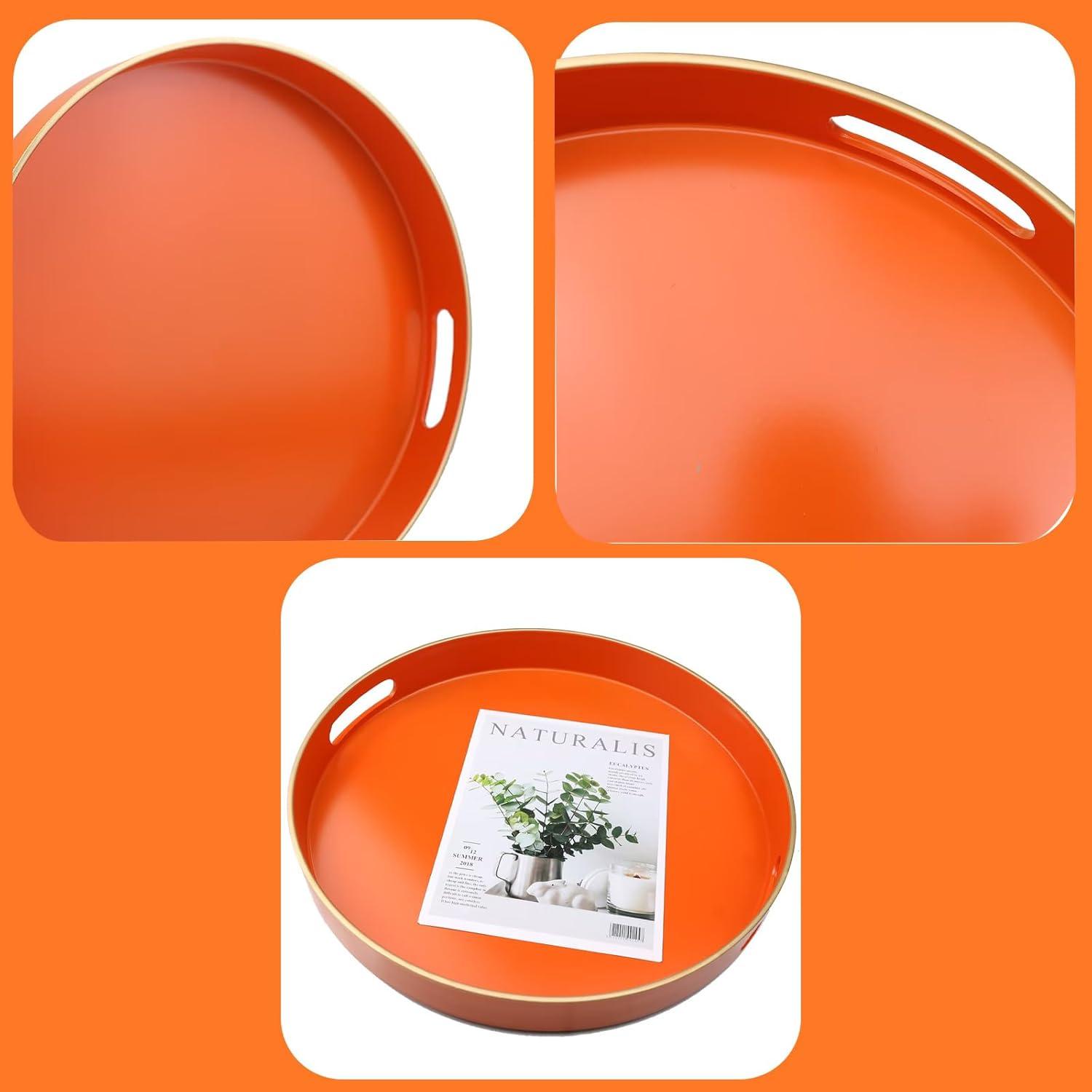 MAONAME 13" Round Tray, Orange Serving Tray with Handles, Modern Decorative Trays for Coffee Table, Plastic Ottoman Trays for Ottoman, Bathroom, Halloween Decor