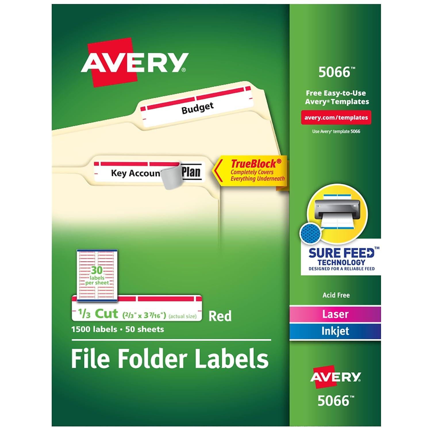 Avery File Folder Labels, 2/3" x 3-7/16", White/Red (5066)