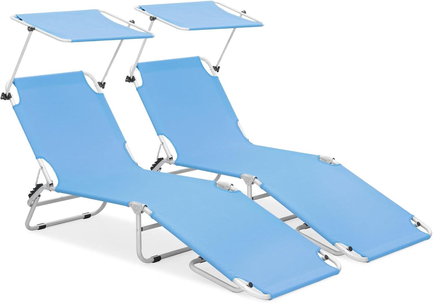 Sky Blue Steel and Oxford Folding Beach Chaise Lounge Set