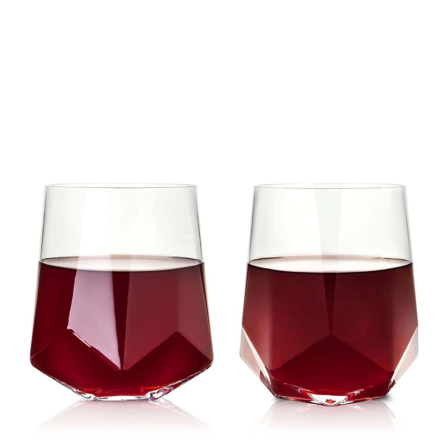 Viski Raye Faceted Crystal Wine Glasses Set of 2 - Premium Crystal Clear Glass, Modern Stemless, Wine Glass Gift Set, 20 oz