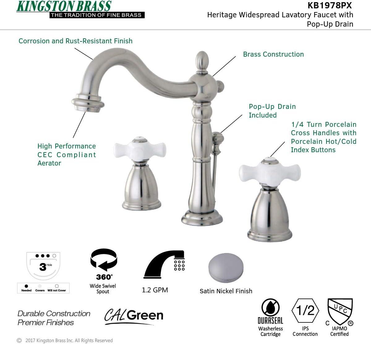 Kingston Brass Heritage Two-Handle 3-Hole Deck Mount Widespread Bathroom Faucet with Pop-Up Drain