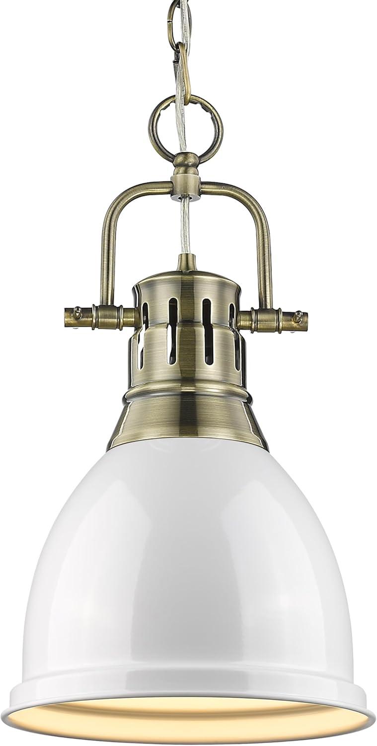 Golden Lighting Duncan 1-Light Small Pendant with Chain in Aged Brass with White