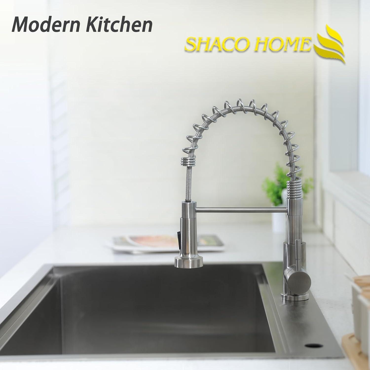SHACO Kitchen Faucet, Stainless Steel Kitchen Faucet with Pull Down Sprayer, Commercial Single Handle Spring Faucet for Farmhouse Camper Laundry Utility RV Wet Bar Sink Brushed Nickel