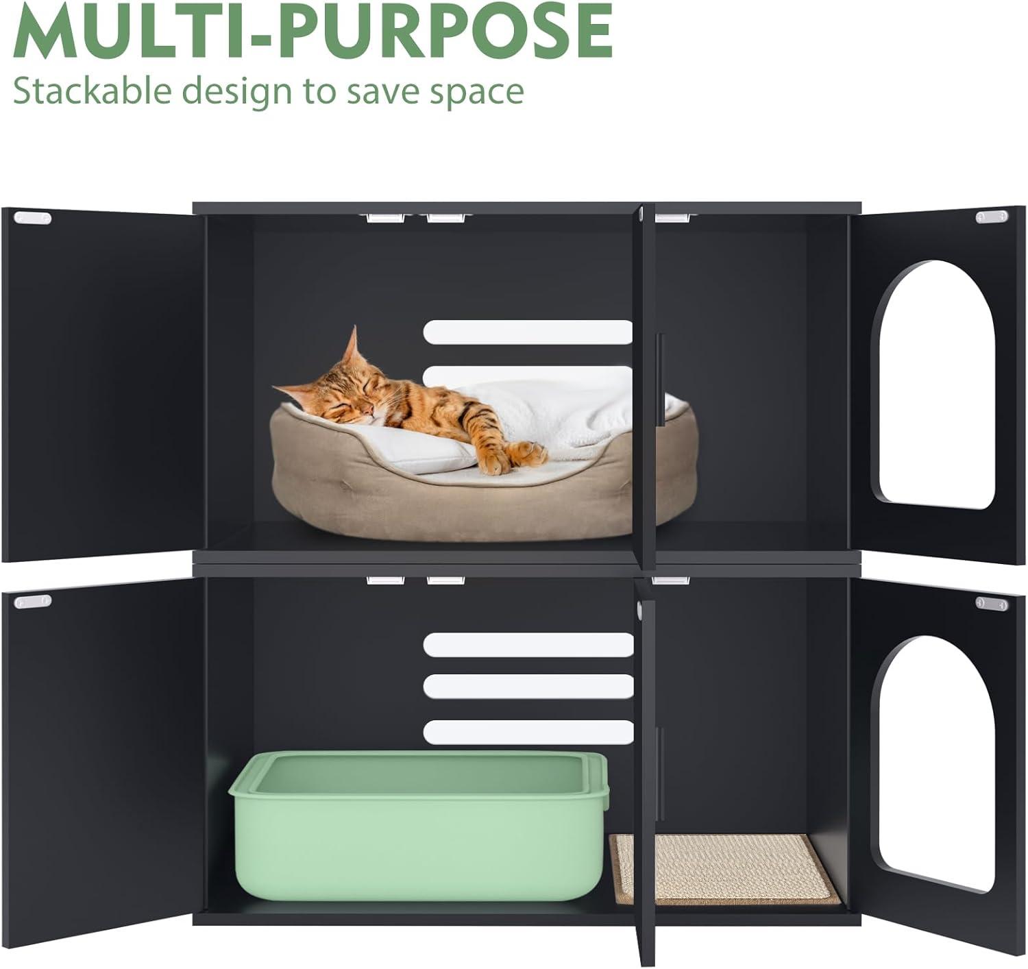 Amunrbrek Cat Litter Box Enclosure Furniture as End Side Table, Stackable Wooden Litter Box Furniture with Front-entry Cat Door , Black