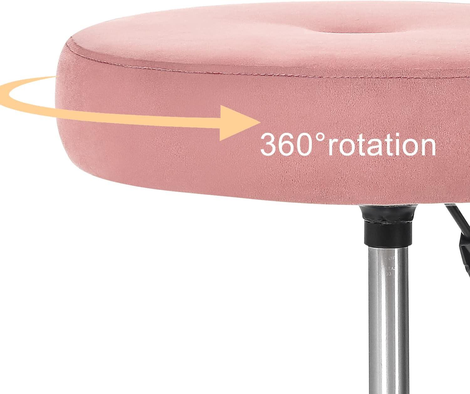 Adeco Modern Round Pink Vanity Stool Chair for Makeup Room, Height Adjustable 360 Swivel Foot Stools Piano Stool with Chromed Metal Base for Living Room, Bathroom, Office