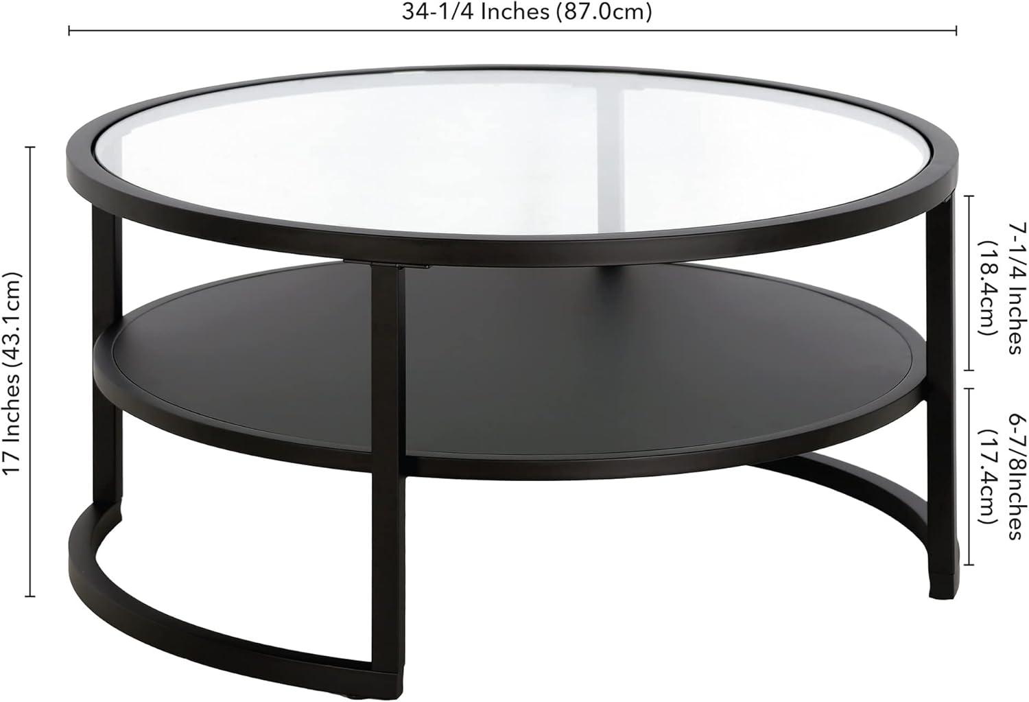 Elegant Industrial Round Coffee Table with Tempered Glass Top and Metal Shelf