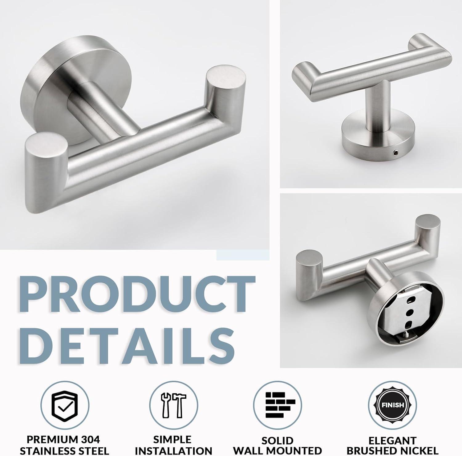 Brushed Nickel Stainless Steel Double Towel Hook