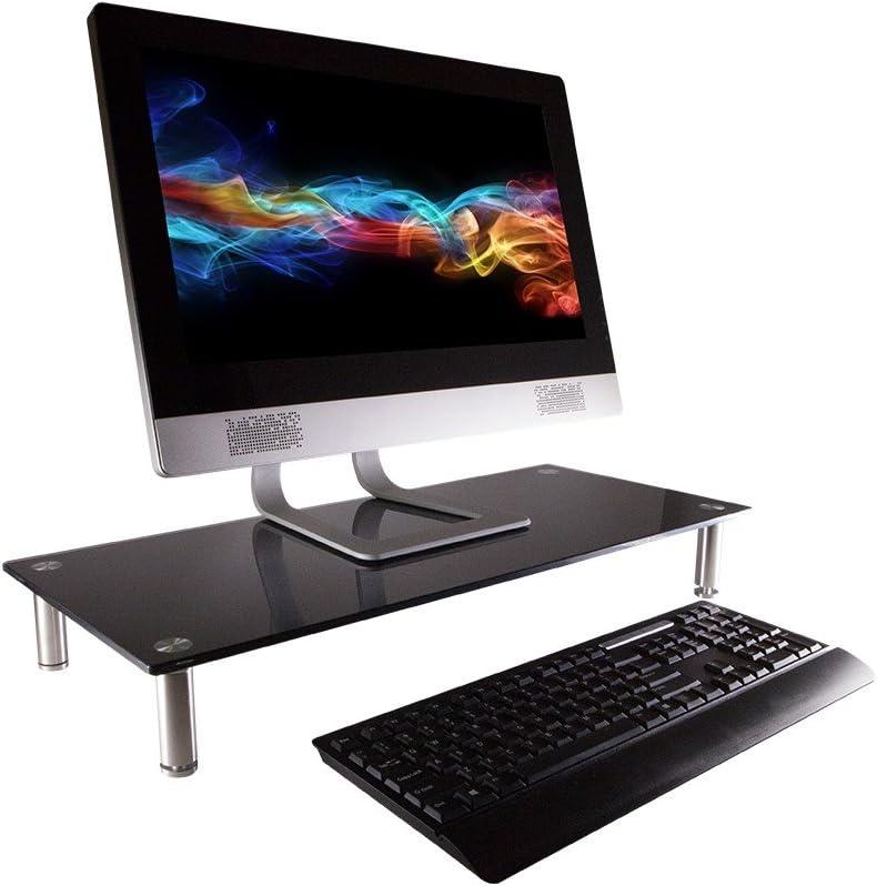 Monoprice Medium Multimedia Desktop Stand, Black Glass 25.6" x 11.0" - Stand & Riser, Desktop TV Stand, Dual Monitors w/ Height Adjustable Legs