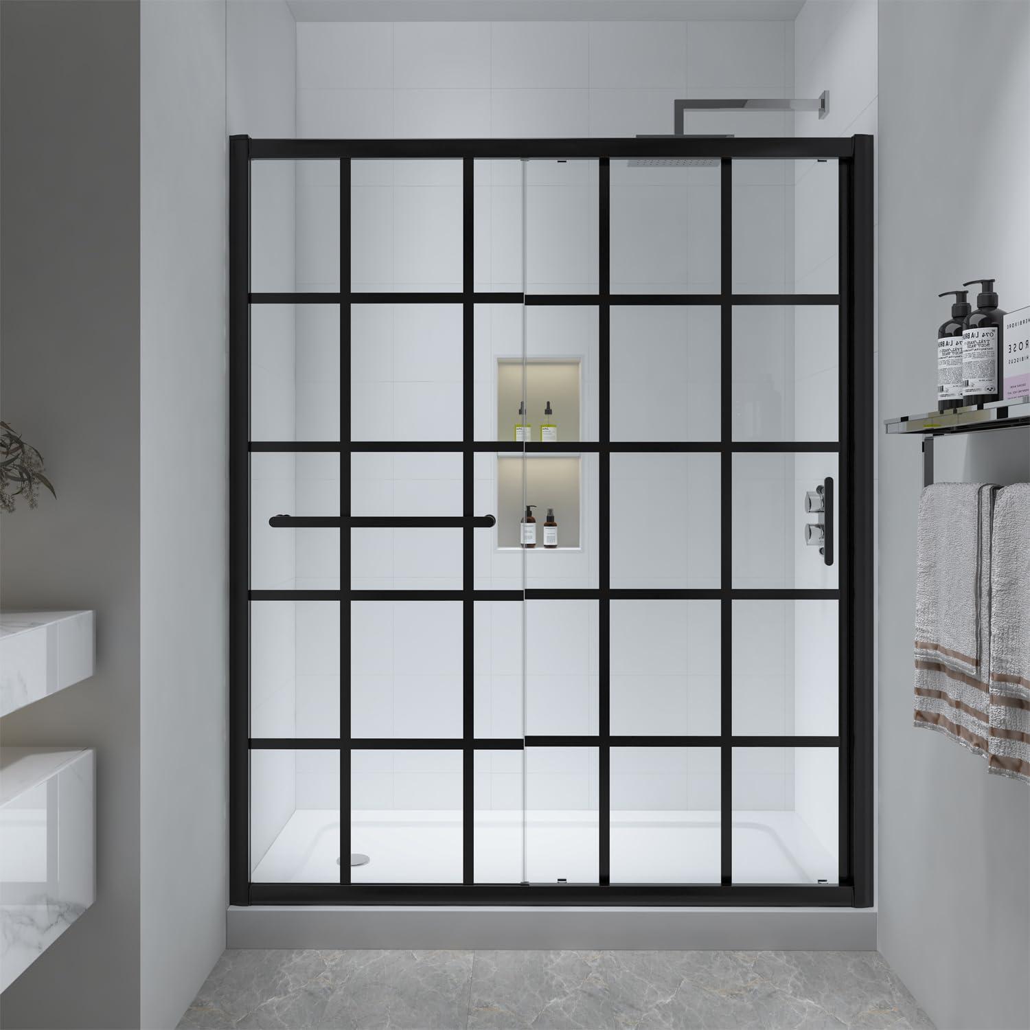 56-60" W x 72" H Framed Grid Pattern Single Sliding Shower Door with 1/4" (6mm) Clear SGCC Tempered Glass in Matte Black Finish, Reversible Installation