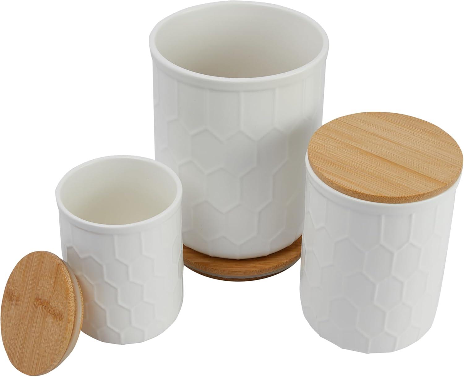 White Honeycomb Ceramic Canister Set with Bamboo Lids