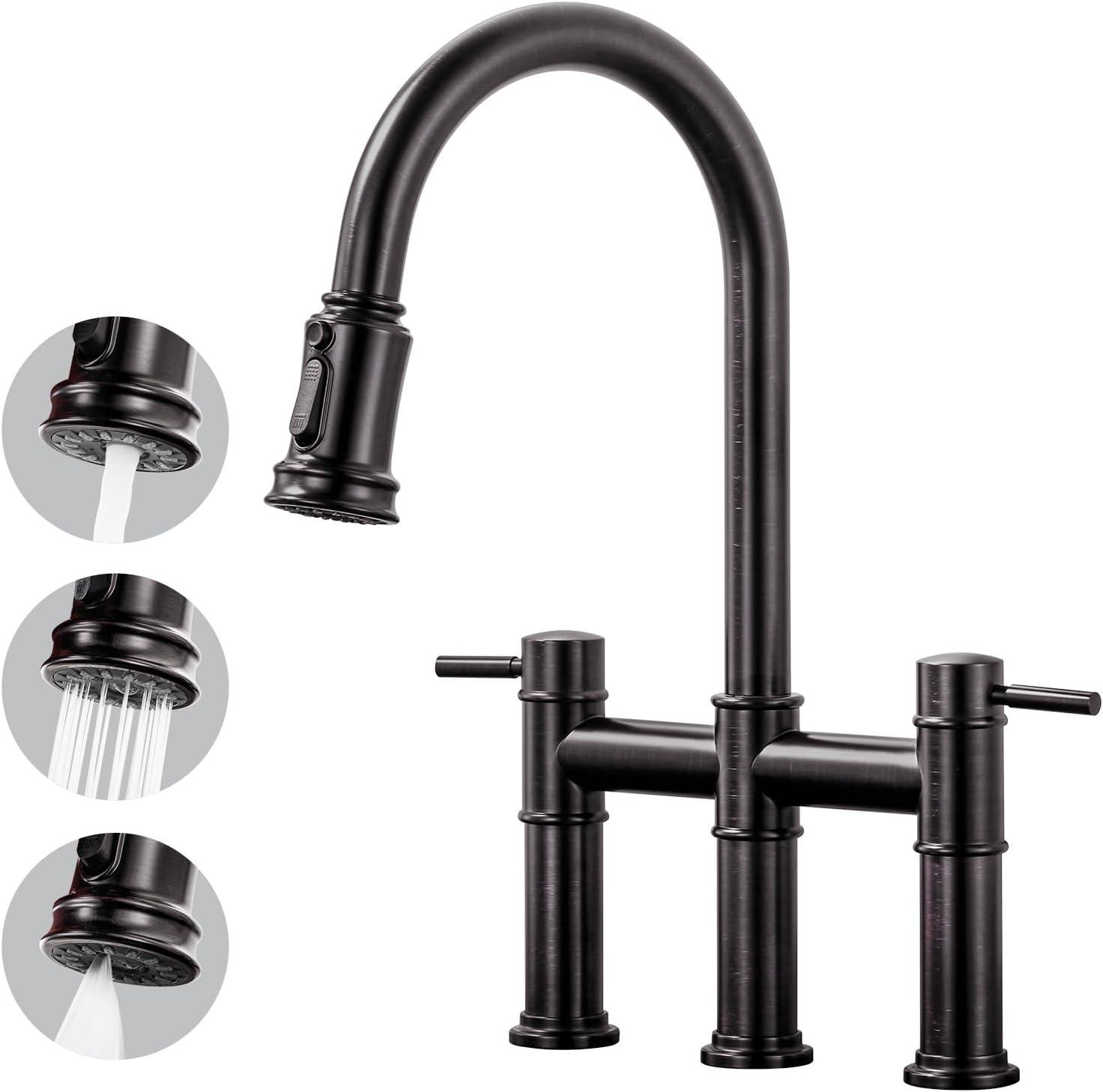 Double Handle Bridge Kitchen Faucet with Pull Down Sprayer in Oil Rubbed Bronze