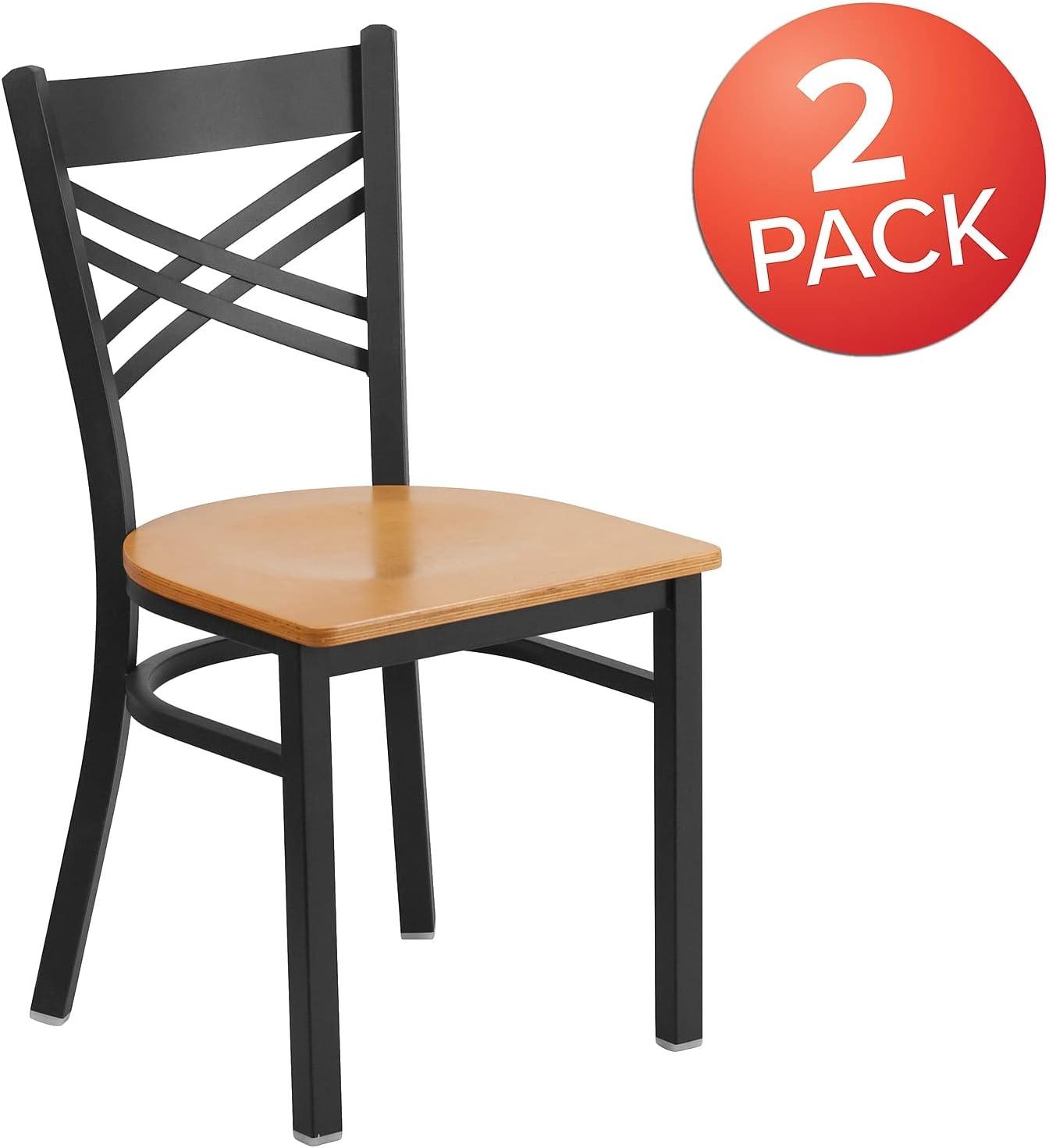 Flash Furniture 2 Pack HERCULES Series Black ''X'' Back Metal Restaurant Chair - Natural Wood Seat